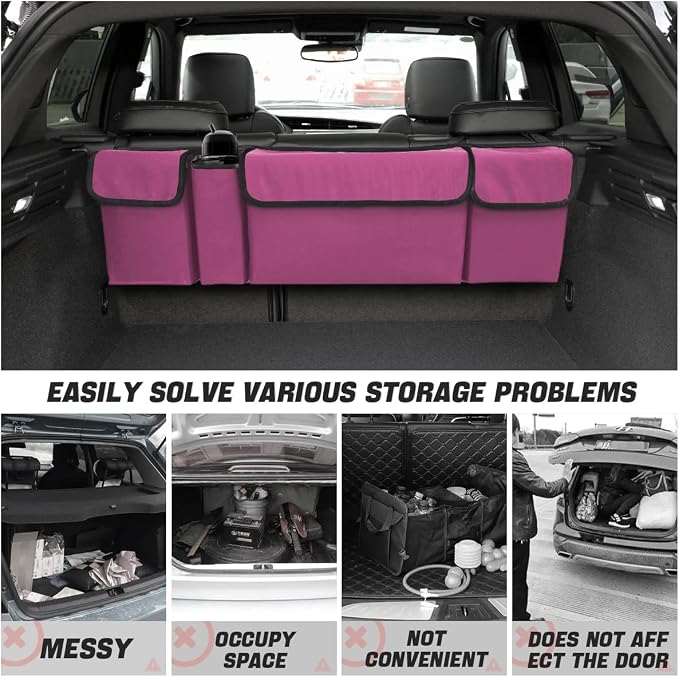 AUCELI Car Trunk Organizer, Backseat Hanging Large Storage with Adjustable Straps, Waterproof Collapsible Cargo Bag with 4 Pockets, Sturdy Space Saver Frees Trunk Floor for SUV, Truck, MPV