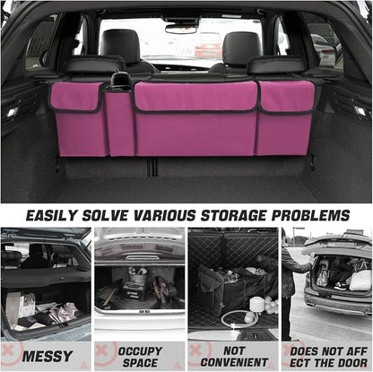 AUCELI Car Trunk Organizer, Backseat Hanging Large Storage with Adjustable Straps, Waterproof Collapsible Cargo Bag with 4 Pockets, Sturdy Space Saver Frees Trunk Floor for SUV, Truck, MPV