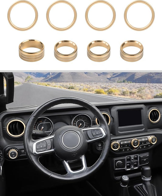 JWWY JL AC Air Vent Trim Rings & Dashboard Headlight Switch Decor Switch Knob Cover Kit Fit for 2018-2023 Jeep Wrangler JL JLU Interior Accessories, Aluminum Alloy 8PCS Gold