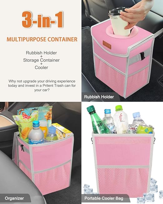 Pritent Car Trash Can with Lid, Cute Leakproof Car Trash Garbage Bag Hanging Vehicle Trash Bin Small Portable Automotive Garbage Cans Organizer for Back/Front Seat/Console(2.8 gal,Pink