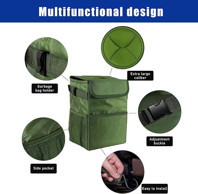 Kewucn Car Trash Can with Lid, Waterproof Mini Auto Garbage Can, Leak-Proof Vehicle Organizer and Storage Pockets, Hanging Collapsible Trash Bin, Universal Accessories for Most Cars (Army Green)