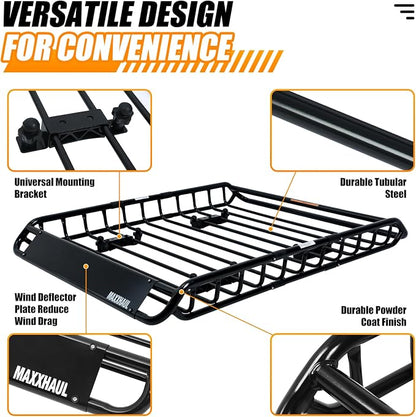 MaxxHaul 51084 46" x 36" x 4.5" Roof Rack Cargo Carrier Steel Basket, Car Top Luggage Holder for SUV and Pick Up Trucks - 150 lb. Capacity, with 15 Cu.Ft. Water Resistant Roof Bag 44" x 34" x 17"