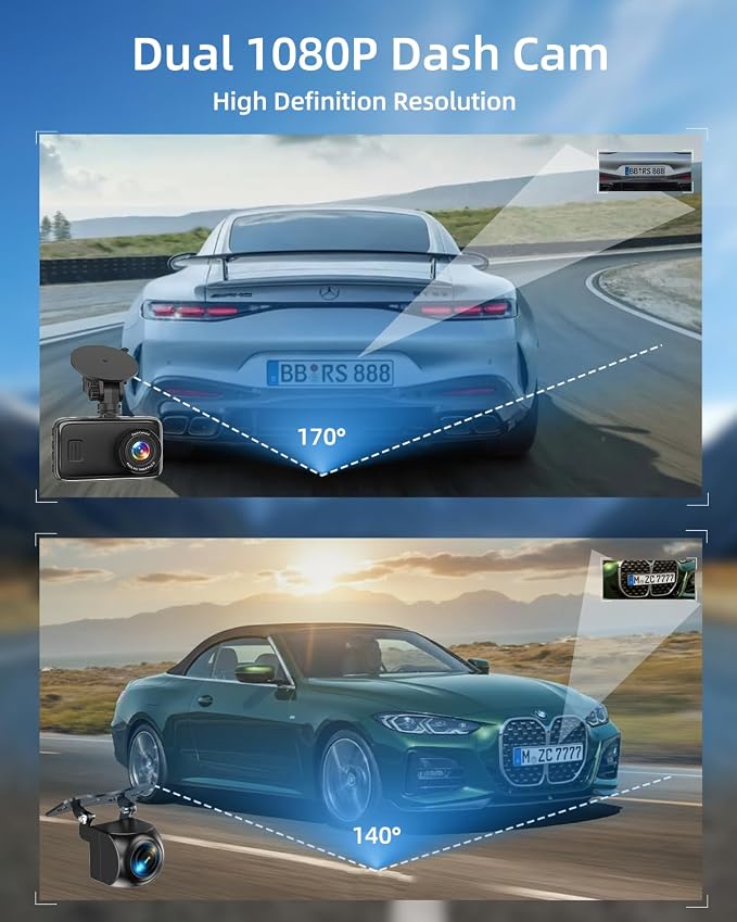 Dash Cam Front and Rear Camera, Biuone 1080P Dash Camera for Cars, Dash Cam with 3'' IPS Screen with Night Vision, G-Sensor, WDR, Loop Recording, 24/7 Parking Monitor