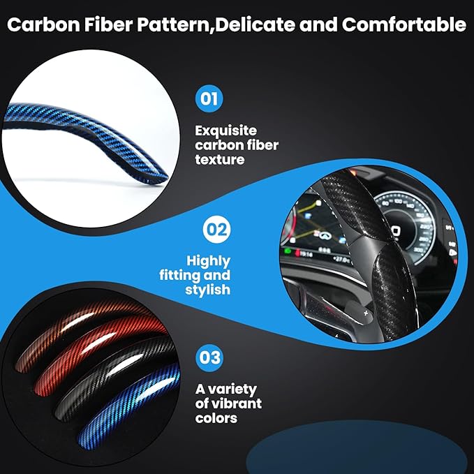 Hiseanllo Carbon Fiber Steering Wheel Cover 3PCS Set – Anti-Slip, Scratch-Resistant, Universal Fit for 14–16 Inch Wheels – Interior Car Accessories for Cars, SUVs, Trucks (Red)