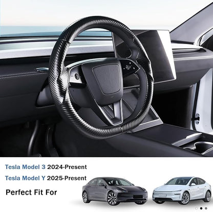 Steering Wheel Cover for Tesla Model 3 2024-Present Highland/Tesla Model Y Juniper 2025-Present, Carbon Fiber Steering Wheel Cover for Tesla Model 3 Highland/Y Juniper Accessories, Matte Black