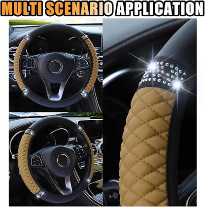 Bling Soft Leather Steering Wheel Cover, 15 Inch Colorful Rhinestones Auto Elastic Protector with Crystal Diamond for Women Girls, Car Accessories for Most Cars, SUVs (Beige)