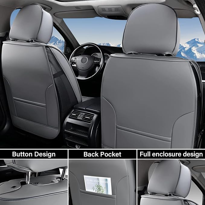 Coverado RAM Seat Covers Full Set, Waterproof Leather Car Seat Covers, Protective Seat Cushions Truck Pickup Custom Fit 2002-2025 Dodge Ram 1500 2500 3500, Gray