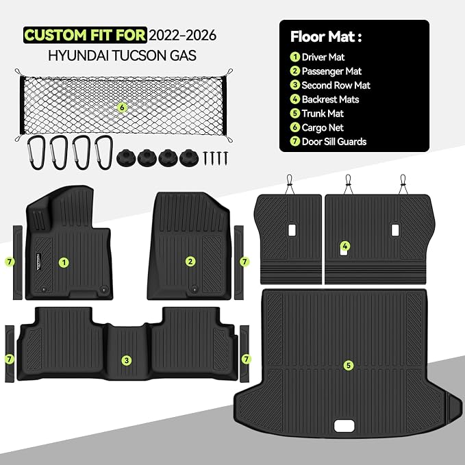 Tongama-Floor Mats for 2022-2025 2026 Hyundai Tucson Gas, All Weather TPE Trunk Mat and Backrest Mats Protector and Cargo Net and Door Sill Guards for Hyundai Tucson Floor Liner Accessories