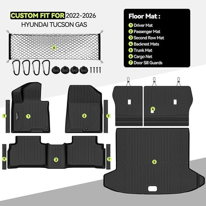 Tongama-Floor Mats for 2022-2025 2026 Hyundai Tucson Gas, All Weather TPE Trunk Mat and Backrest Mats Protector and Cargo Net and Door Sill Guards for Hyundai Tucson Floor Liner Accessories