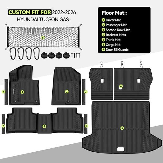 Tongama-Floor Mats for 2022-2025 2026 Hyundai Tucson Gas, All Weather TPE Trunk Mat and Backrest Mats Protector and Cargo Net and Door Sill Guards for Hyundai Tucson Floor Liner Accessories