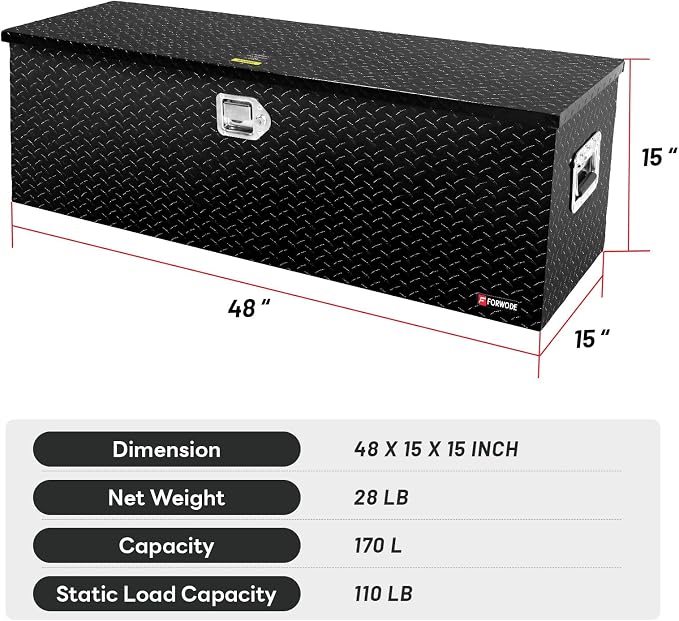 FORWODE 48 Inch Aluminum Truck Tool Box Lockable Truck Bed Tool Box Waterproof Truck Bed Storage Box with Gas Struts & Side Handle Truck Tool Chest for Pickup, Truck Bed, RV, Trailer & Garage (Black)