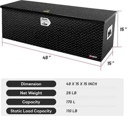 FORWODE 48 Inch Aluminum Truck Tool Box Lockable Truck Bed Tool Box Waterproof Truck Bed Storage Box with Gas Struts & Side Handle Truck Tool Chest for Pickup, Truck Bed, RV, Trailer & Garage (Black)
