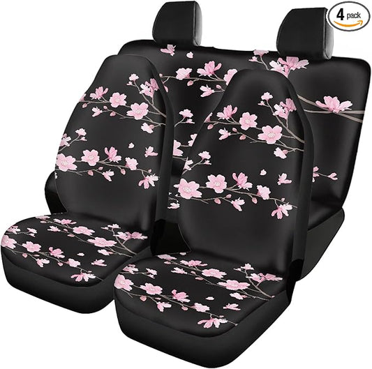 Cherry Blossom Car Seat Covers Full Set,Japanese Pink Flowers Tree Branches with Falling Petals Vehicle Front Rear Bench Cushion Protector Interior Accessories Universal Fit for Trucks Sedans