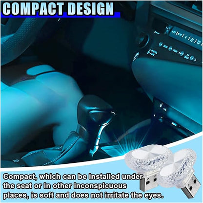 2PCS USB LED Car Interior Night Light, Crystal Mini Decoration Neno Ambient Light Car Interior Atmosphere Lamp, Plug-in USB Interface Auto Trunk Ambient Lighting Kit Universal for Cars (Blue)