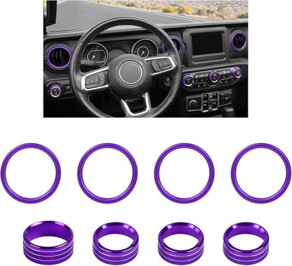 JWWY JL AC Air Vent Trim Rings & Dashboard Headlight Switch Decor Switch Knob Cover Kit Fit for 2018-2023 Jeep Wrangler JL JLU Interior Accessories, Aluminum Alloy 8PCS Purple