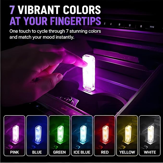 USB Car Interior Lights 2 Pack, RGB Ambient LED Car Lights with 7 Colors, 3 Lighting Modes & Touch Control, Plug-and-Play USB Mood Light for Cars, Trucks, SUVs, Bedroom, Desk, Gaming Room