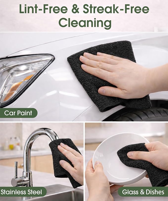 Microfiber Cleaning Cloth Roll - 100 Pack Tear Away Microfiber Paper Towels, Reusable, Washable, Scratch-Free, Kitchen Towels for Car, Home, Kitchen, Glass, Dishes (Black)