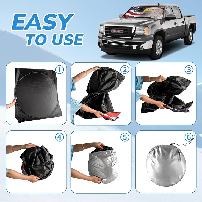 Windshield Sun Shade New American Eagle Flag USA Patriotic Design - Folding Car Front Window Sunshade for Cars SUV Trucks, Max UV Blocking and Keep The Vehicle Cool XL