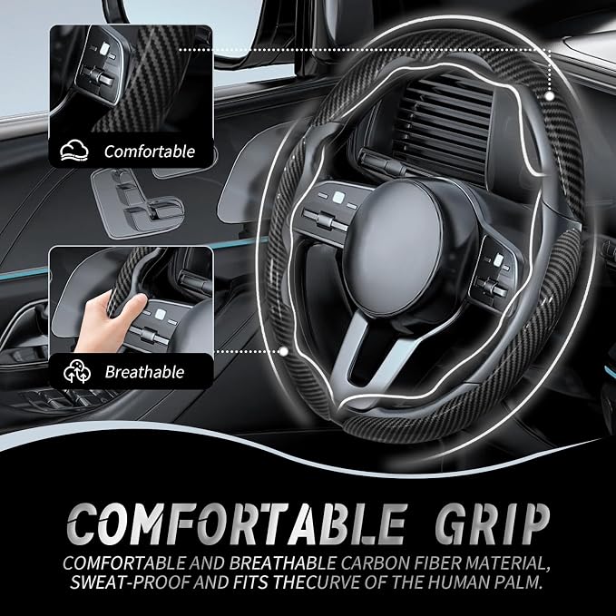 WOCOCN 3pcs Car Steering Wheel Cover,Anti-Skid Carbon Fiber Steering Wheel Protector for Men Women,Multiple Color Options,Universal for Most Car Interiors Accessories (Bright Black 3PCS)