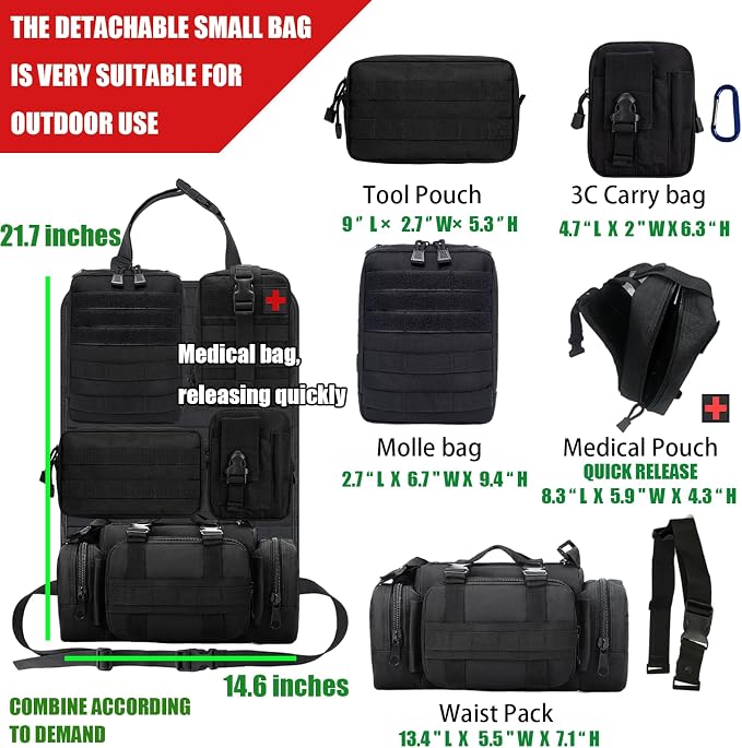 7 PACK Tactical Seat back organizer Truck organizer With 6 Detachable Pouches Universal For Car Truck Ford Jeep Military-Grade Heavier Panels With Multi-functional Packs (2 Set Black)