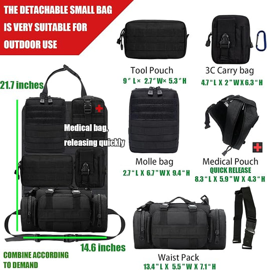 7 PACK Tactical Seat back organizer Truck organizer With 6 Detachable Pouches Universal For Car Truck Ford Jeep Military-Grade Heavier Panels With Multi-functional Packs (2 Set Black)