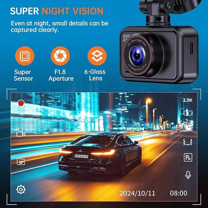 E-YEEGER Dash Cam Front and Rear, 2.5K Dual Dash Camera for Cars, 2560P Mini Car Camera, 2 inch IPS Screen, WDR Night Vision, 24 Hours Parking Monitor, G-Sensor, Support 256 GB Max