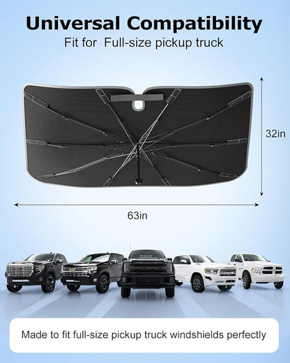 [2026 Upgraded] Weektic Truck Windshield Sun Shade for F-150/Silverado/Tundra/RAM 1500/Sierra - 5 Layers Ice Crystal Coating Blocks 99% UV, Cools Interior | 360° Swivel Handle for Easy Use