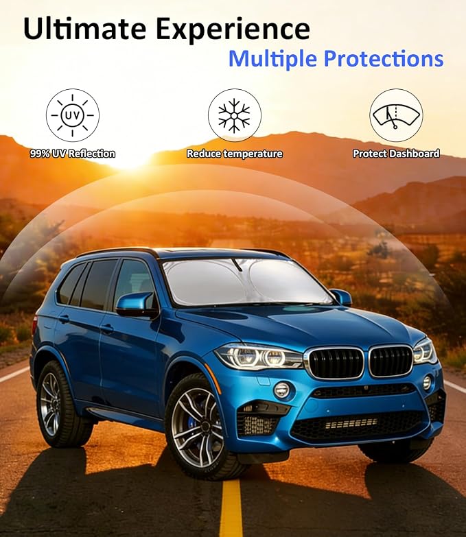 Windshield Sun Shade Custom Fit for 2014-2018 BMW X5 | Front Window Sunshade with 240T Sun Visor Protector Foldable Heat Shield Blocks UV Rays, Car Accessories