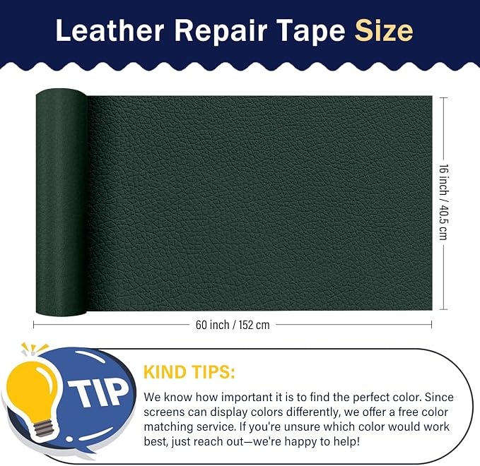 Zenyao Leather Repair Patch Tape - Self Adhesive Leather Repair Kit for Car Seat Furniture, Heavy Duty Vinyl Repair Patch for Couch Sofa, Waterproof Fix for Tears, 16x60 Inch Roll, Dark Green