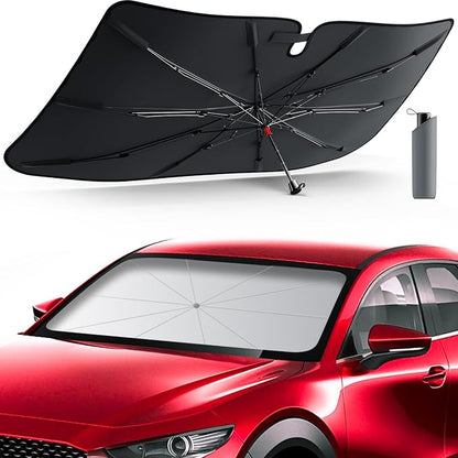 DMJN Umbrella Windshield Sun Shade - Small, Car Sunshade for Front Windshield [Nano Ice-Crystal Coatings] UPF50+ Heat & UV Block, Protect Interior & Keep Cooler Universal for Car, SUV, Truck