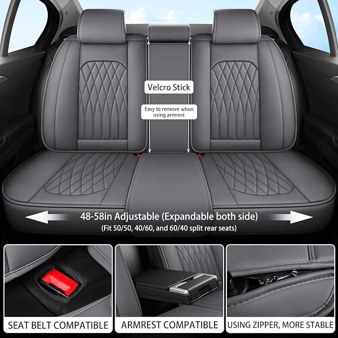 WELLDO Nappa Faux Leather Car Seat Covers Full Set, Gray | Waterproof, Non-Slip Seat Protector, 0.28in Thickened Cushion, Airbag Compatible, Universal for Cars SUV Truck Pickup