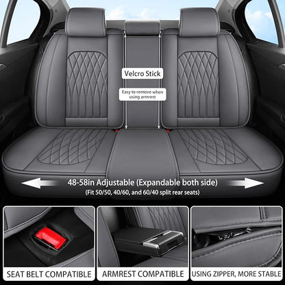 WELLDO Nappa Faux Leather Car Seat Covers Full Set, Gray | Waterproof, Non-Slip Seat Protector, 0.28in Thickened Cushion, Airbag Compatible, Universal for Cars SUV Truck Pickup