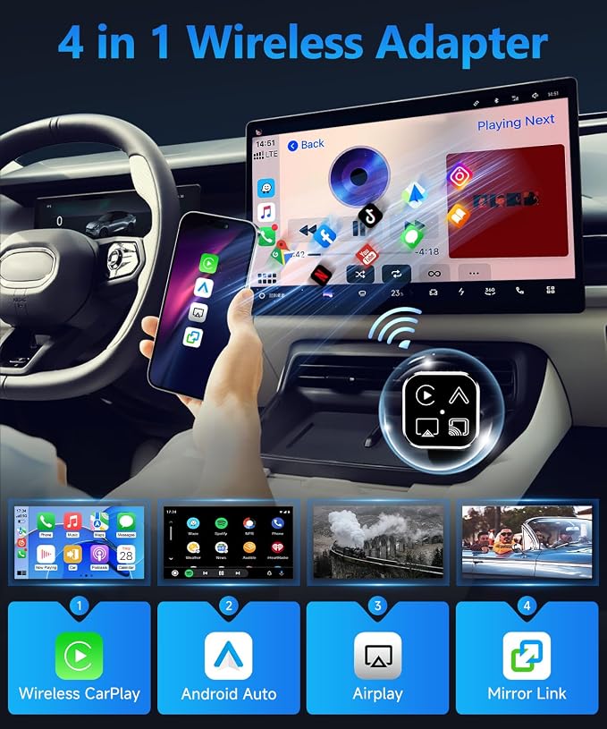 2026 4 in 1 Mini Wireless CarPlay Android Auto Adapter, Support AirPlay MirrorLink, Convert Wired to Wireless, Auto Connect for Daily Commute, Plug and Play Dongle (Silver)