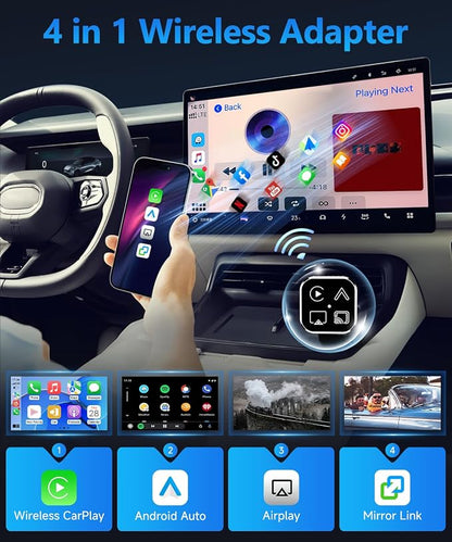 2026 4 in 1 Mini Wireless CarPlay Android Auto Adapter, Support AirPlay MirrorLink, Convert Wired to Wireless, Auto Connect for Daily Commute, Plug and Play Dongle (Silver)