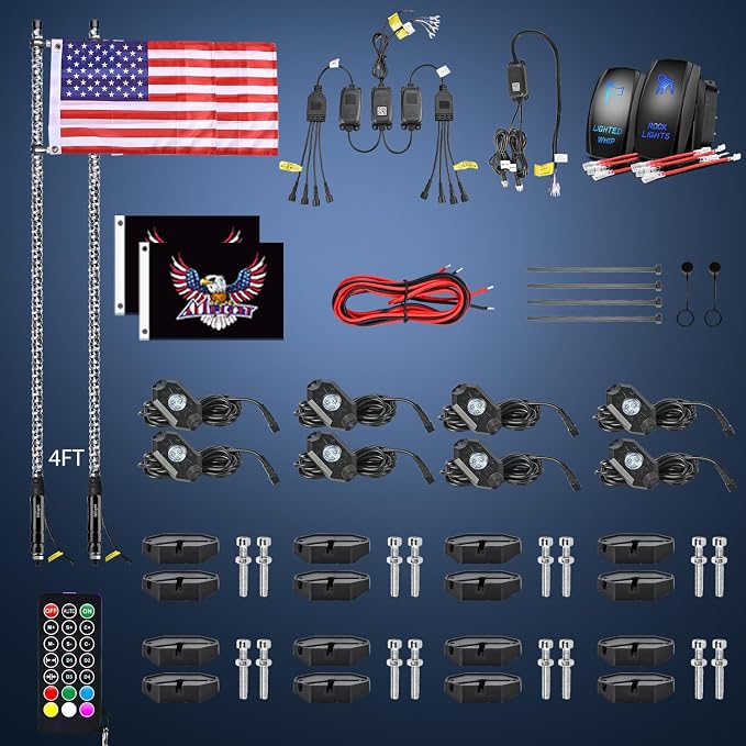 Nilight 2PCS 4FT RGB LED Whip Light and 8 PCS Rock Lights Combo, Remote & App Control w/DIY Chasing Patterns Stop Turn Reverse Safety Antenna Lighted Whips for ATV UTV