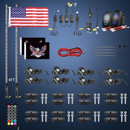 Nilight 2PCS 4FT RGB LED Whip Light and 8 PCS Rock Lights Combo, Remote & App Control w/DIY Chasing Patterns Stop Turn Reverse Safety Antenna Lighted Whips for ATV UTV