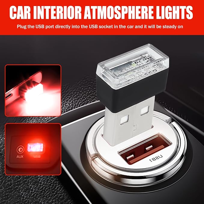 4 PCS USB LED Car Interior Atmosphere Lamp, Portable Mini Auto LED Decor Night Light, Plug-in USB Interface Ambient Lighting Kit, Universal Car Interior Accessories(Red)