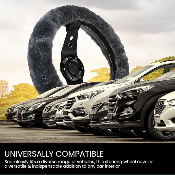 Andalus Brands Luxury Fluffy Car Steering Wheel Covers – Genuine Merino Sheepskin, Soft Fuzzy Car Steering Wheel Cover for Women, Universal 14.5-15" Size, Plush Fur Cute Auto Accessories, Carbon Black