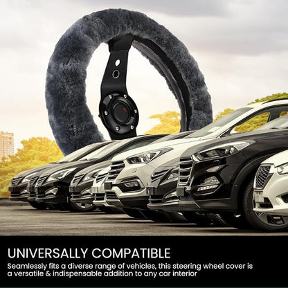 Andalus Brands Luxury Fluffy Car Steering Wheel Covers – Genuine Merino Sheepskin, Soft Fuzzy Car Steering Wheel Cover for Women, Universal 14.5-15" Size, Plush Fur Cute Auto Accessories, Carbon Black