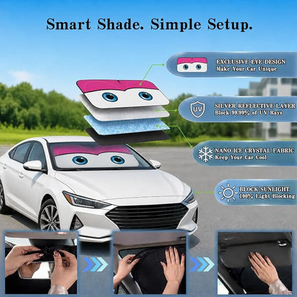 Car Windshield Sun Shade, Pink Cute Eyes Funny Car Sun Shade Universal Fits Sedan SUV Hatchback Compact Cars, UV Heat Protection - 59 x 27.5