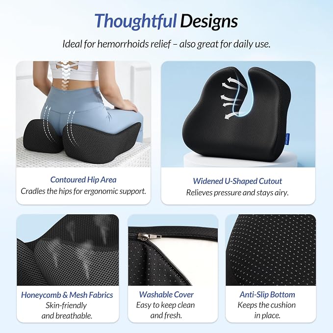 ZIKEE 6" Thickened Donut Pillow Seat Cushion, Ergonomic Hemorrhoid Pillow with Widened Cutout for Tailbone,Sciatica Pain Relief & Postpartum, Memory Foam Office Chair Cushion for Long Sitting at Home
