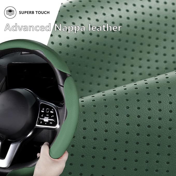 Car Steering Wheel Cover Leather Snap On 3Pcs Set Non-Slip Protector Wrap Steering Wheel Accessories 14.5-15 inch Universal Green