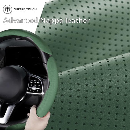 Car Steering Wheel Cover Leather Snap On 3Pcs Set Non-Slip Protector Wrap Steering Wheel Accessories 14.5-15 inch Universal Green