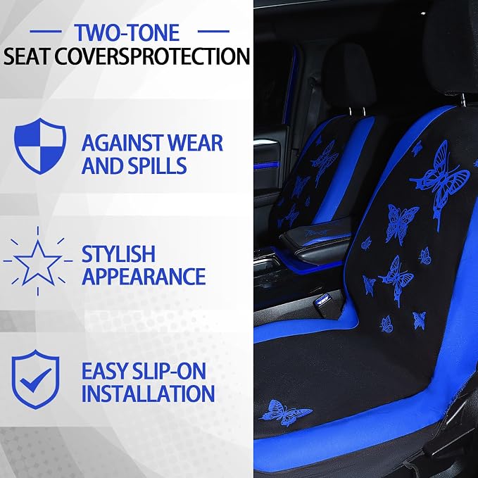 BBTO 43 Pcs Butterfly Car Seat Full Set Butterfly Car Accessories for Women 5 Front Rear Seat Covers Wrist Strap 2 Pcs Cup Mat Armrest Pad 2 Belt Xmas Cover Accessories for SUV(Blue, Black)