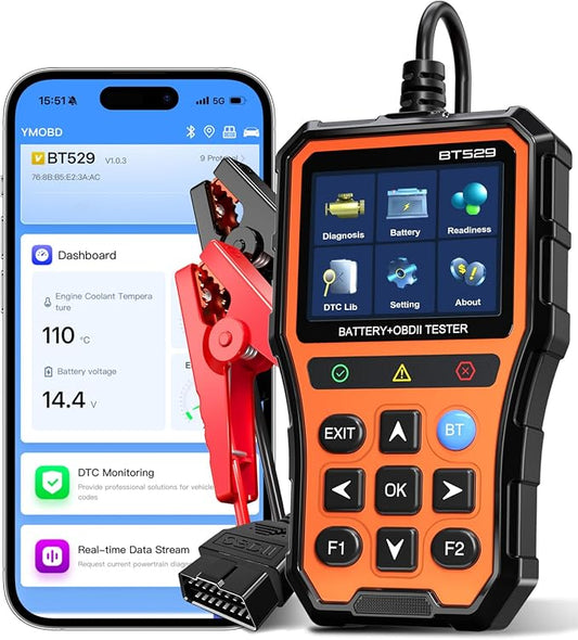 BT529 Bluetooth OBD2 Scanner & Car Battery Tester,2-in-1 Car Diagnostic Tool for iPhone & Android, Check Engine Code Reader,Performance Test, Trip Analysis, 12V Battery Analyzer for All 1996+ Vehicles
