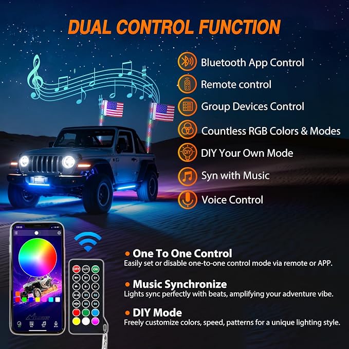 Nilight LED Whip Light 2PC 6FT Spiral RGB Antenna Whips with Spring Base, App/Remote Control DIY Chasing Patterns Brake & Reverse Turn Signal Lights for Side by Side ATV UTV RZR Can-Am Buggy Jeep