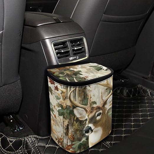 Talayituse Forest Elk Hunting Camo Print Car Trash Can with Lid, Leak Proof Auto Trash Bag Hanging Vehicle Garbage Can Multipurpose Storage Container for Back Seat Road Trip