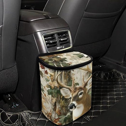 Talayituse Forest Elk Hunting Camo Print Car Trash Can with Lid, Leak Proof Auto Trash Bag Hanging Vehicle Garbage Can Multipurpose Storage Container for Back Seat Road Trip