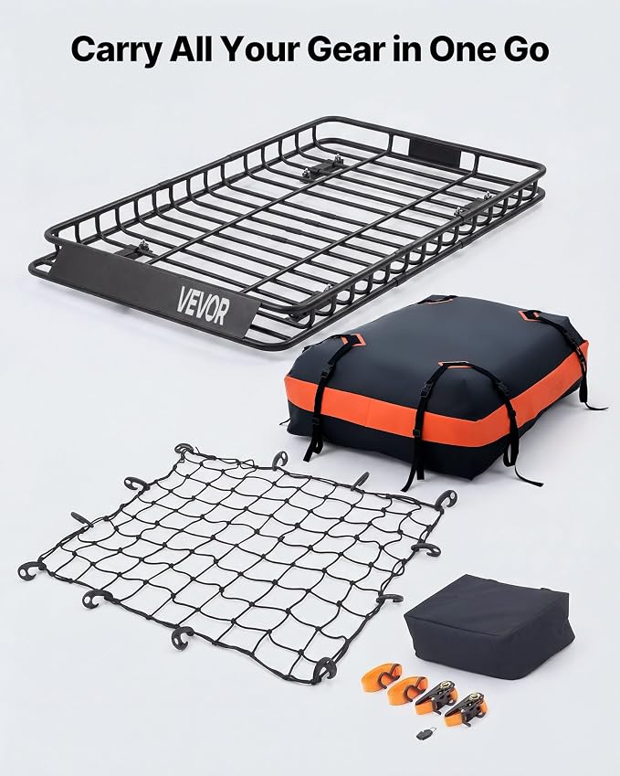 VEVOR Roof Rack Cargo Basket, 54 x 34 x 4 in, Heavy Duty Roof Top Carrier Basket with Waterproof Bag, Cargo Net, Ratchet Straps, 200 lbs Capacity, Universal Car Top Luggage Holder, for SUV Truck Car