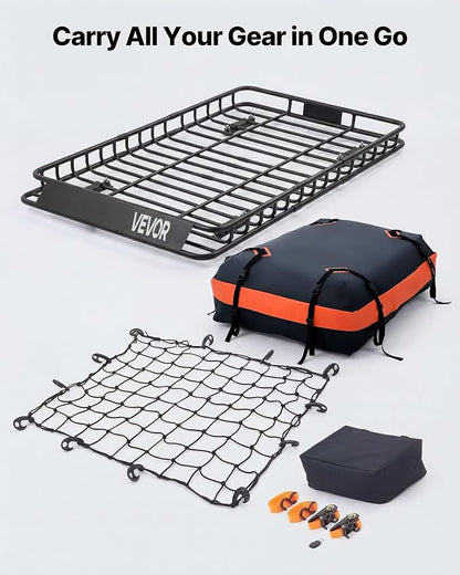 VEVOR Roof Rack Cargo Basket, 54 x 34 x 4 in, Heavy Duty Roof Top Carrier Basket with Waterproof Bag, Cargo Net, Ratchet Straps, 200 lbs Capacity, Universal Car Top Luggage Holder, for SUV Truck Car